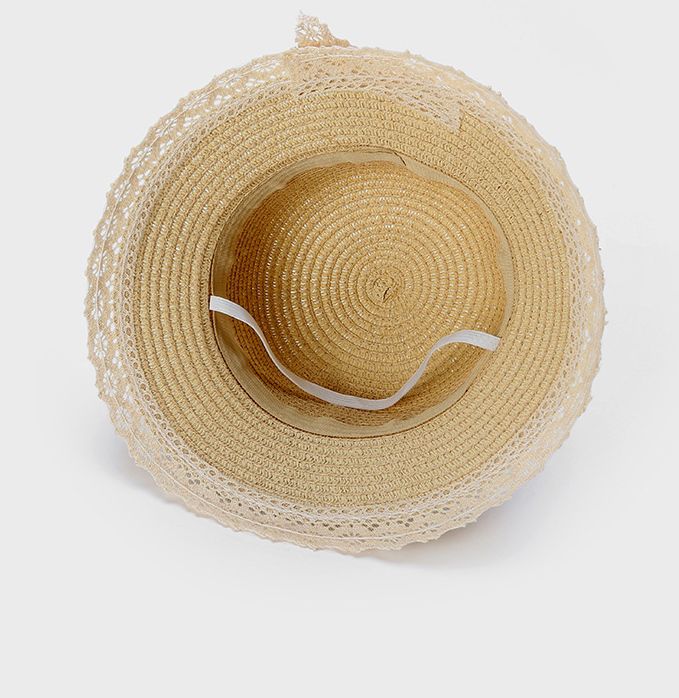 兒童透氣遮陽帽/編織草帽-蕾絲蝴蝶結-米色 (48-50CM)
