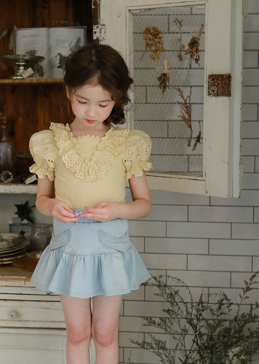 韓國 PuellaFLO - 荷葉裙襬牛仔褲裙-淺藍