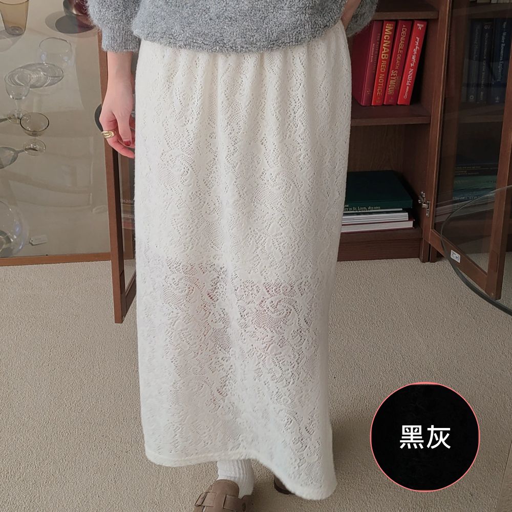 鬆緊腰質感鏤空蕾絲修身長裙-黑灰 (FREE)