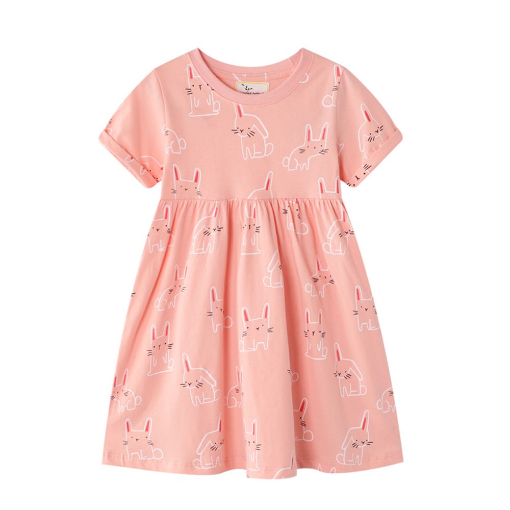 Jumping meters - 棉質圓領短袖洋裝-兔子-粉色