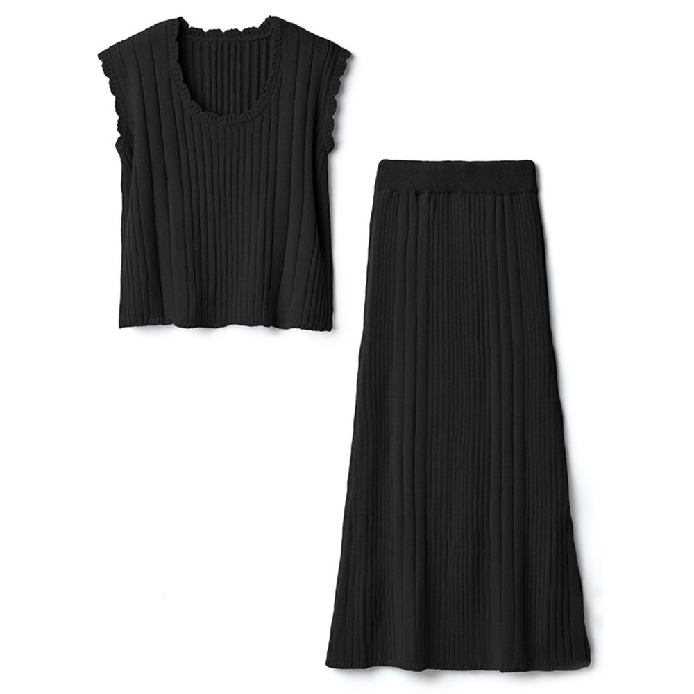 日本 GRL - 層次粗細羅紋U領無袖上衣X長裙套裝-時尚黑