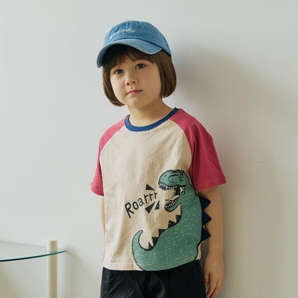 嘶吼恐龍撞色短袖上衣-米杏X酒紅