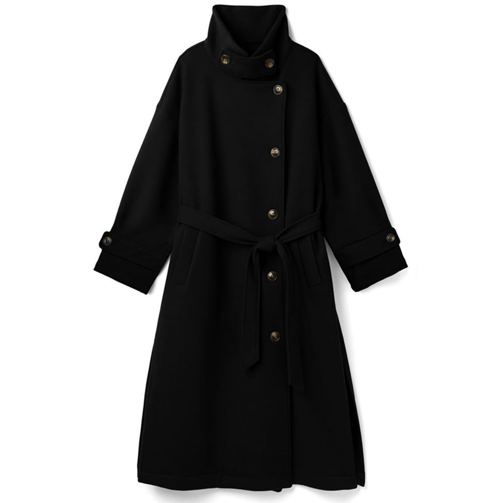 日本 GRL - 大立領綁帶側排釦大衣/外套-黑