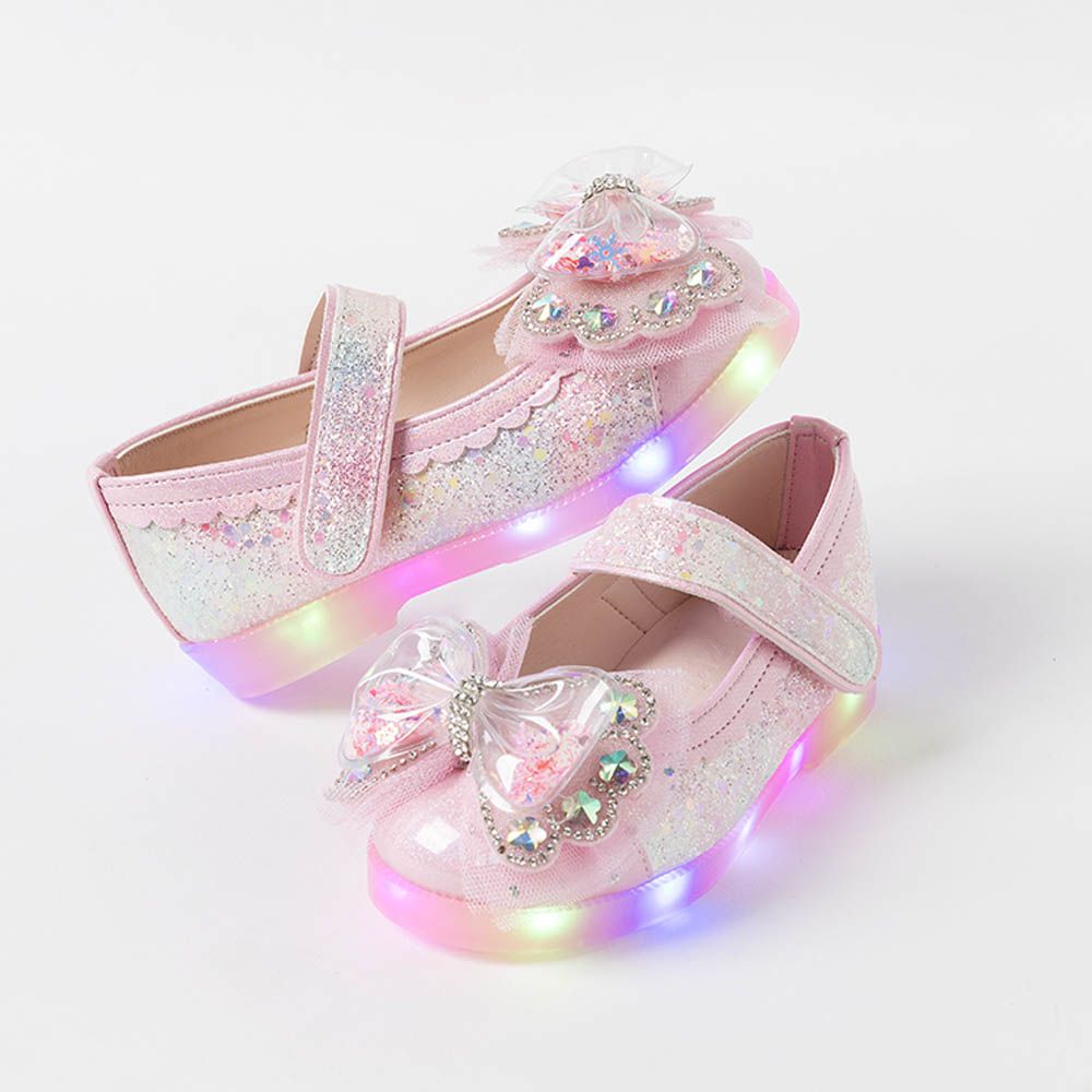 (LED)甜心花片蝴蝶結晶彩公主鞋-粉