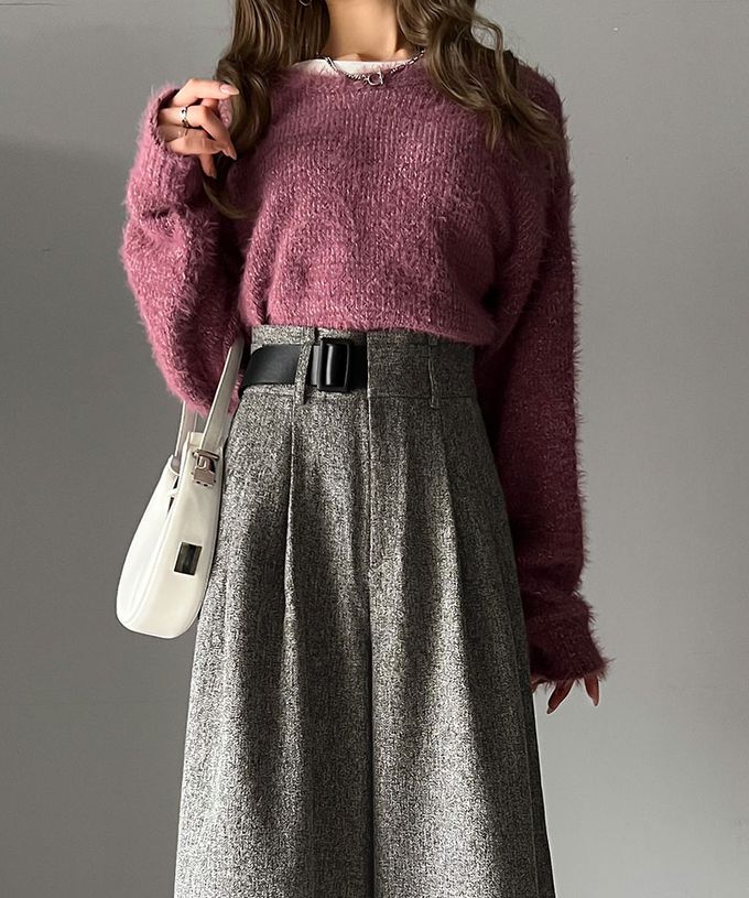 日本 Classical Elf - 腰帶造型粗花呢高腰美腿寬褲-炭灰