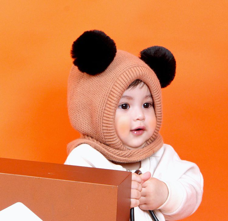 韓國 Babyblee - 大球球遮脖保暖帽-棕 (FREE)