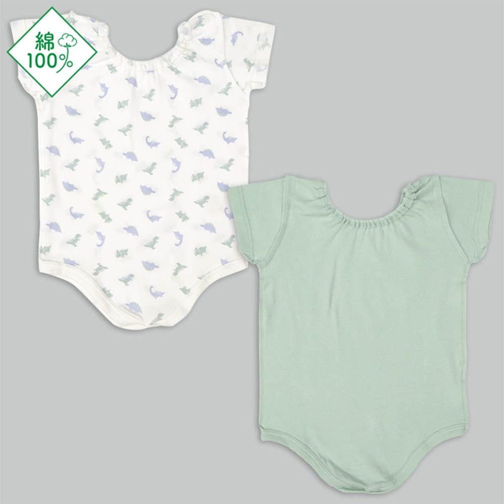 輕鬆方便短袖包屁衣2件組 套頭式-恐龍-綠色