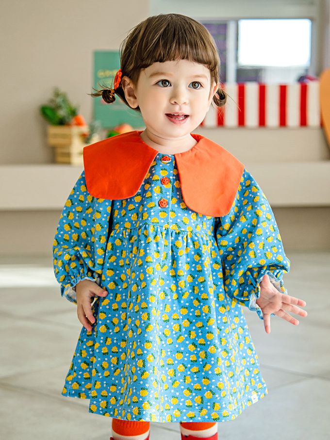 韓國 Pimpollo - 滿版花紋撞色翻領連身洋裝-藍