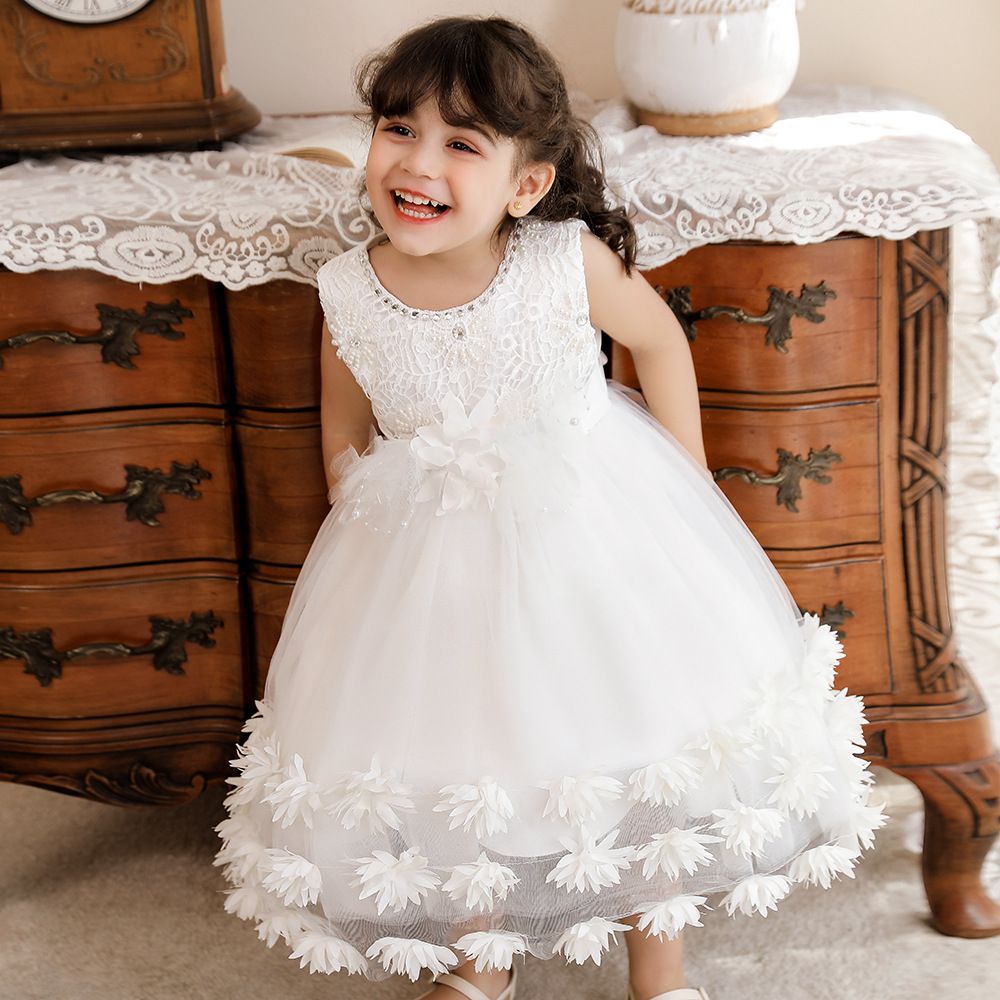 蕾絲網紗圓領無袖公主裙-立體花花-粉色