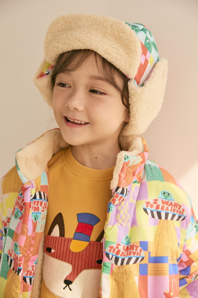 韓國 Mimico - (內磨毛)動物印圓領大學T-狐狸-芥黃