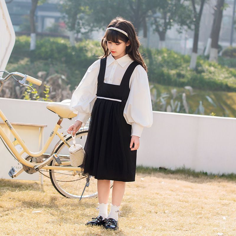 泡泡袖襯衫吊帶裙套裝-黑+白