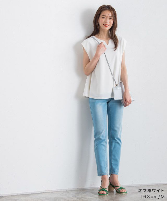 日本 Pierrot - 接觸涼感 小V領雪紡無袖上衣-橘