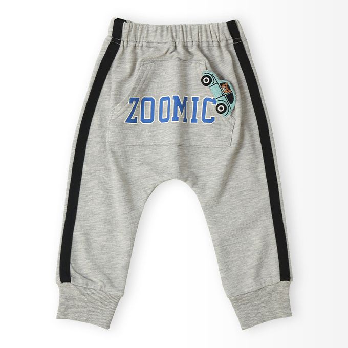 日本 ZOOLAND - 春季出遊印花運動長褲-背後刺繡車車-淺灰