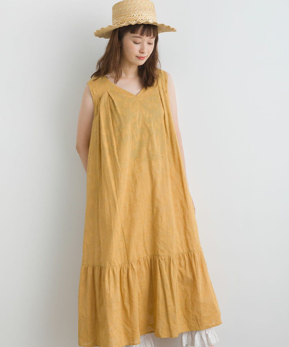 日本女裝代購 - 純棉緹花柔軟無袖洋裝-芥末黃