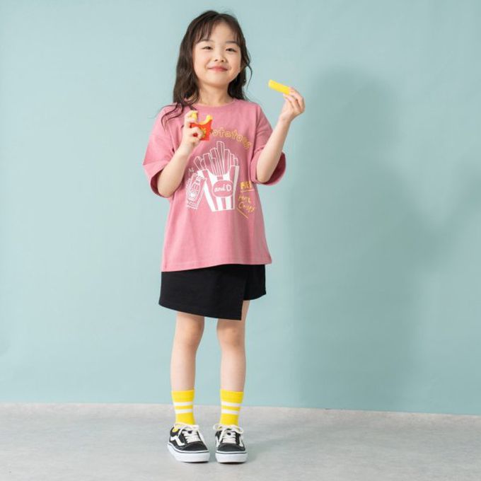 日本 petit main - 100%棉 塗鴉系食物印花短袖上衣-披薩-靛藍