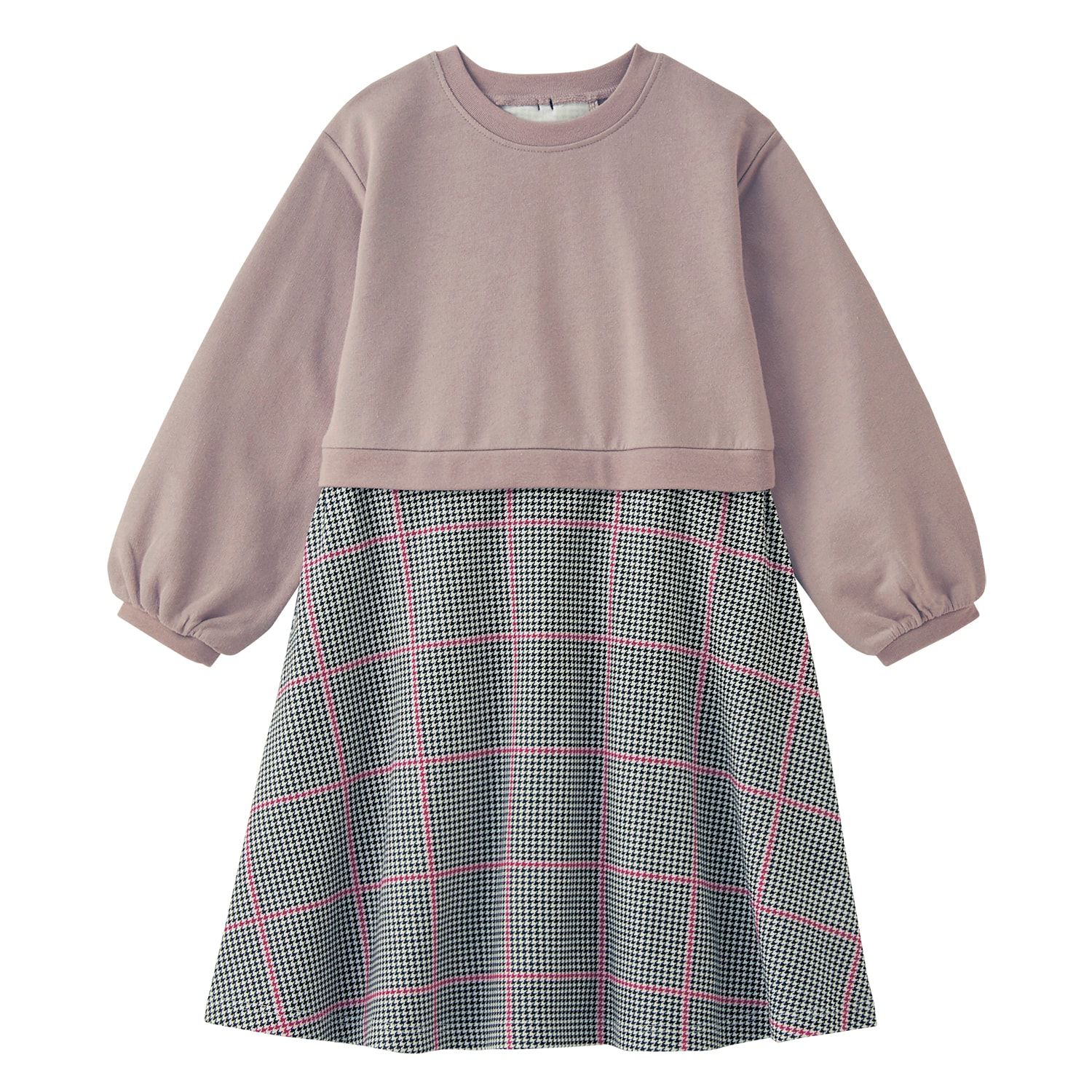 日本千趣會 - 背後蝴蝶結假二件拼接長袖洋裝-棕x灰格紋