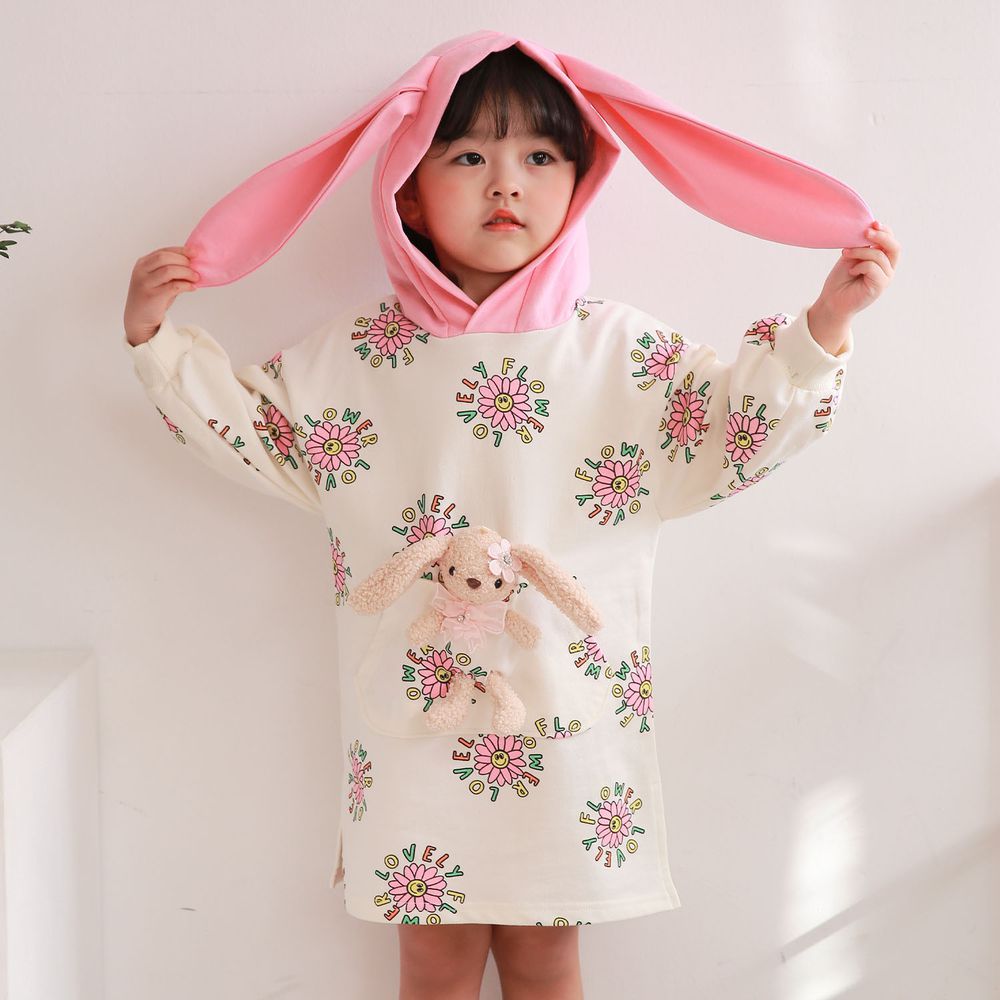 韓國 Coco rabbit - 兔子娃娃兔耳朵連帽洋裝-奶油白