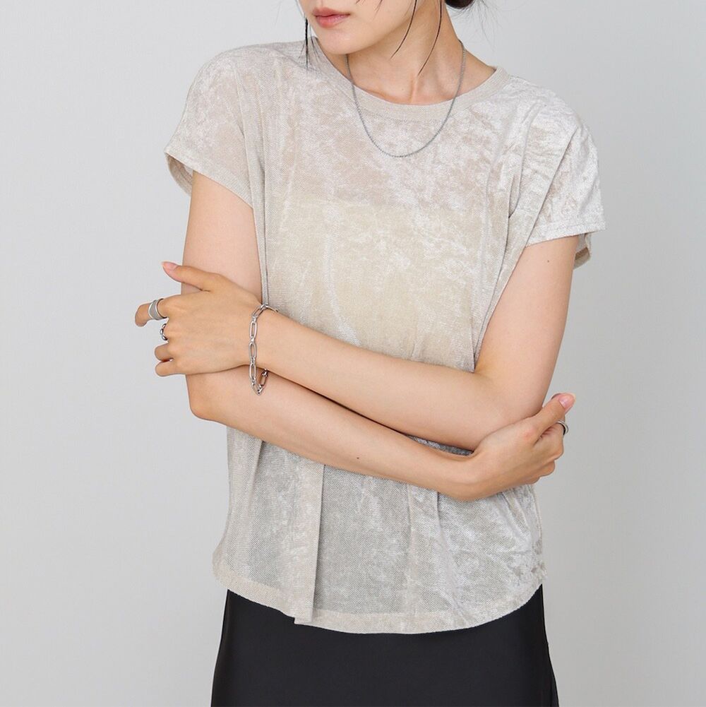 微透輕盈天鵝絨法式袖上衣-象牙米 (M)