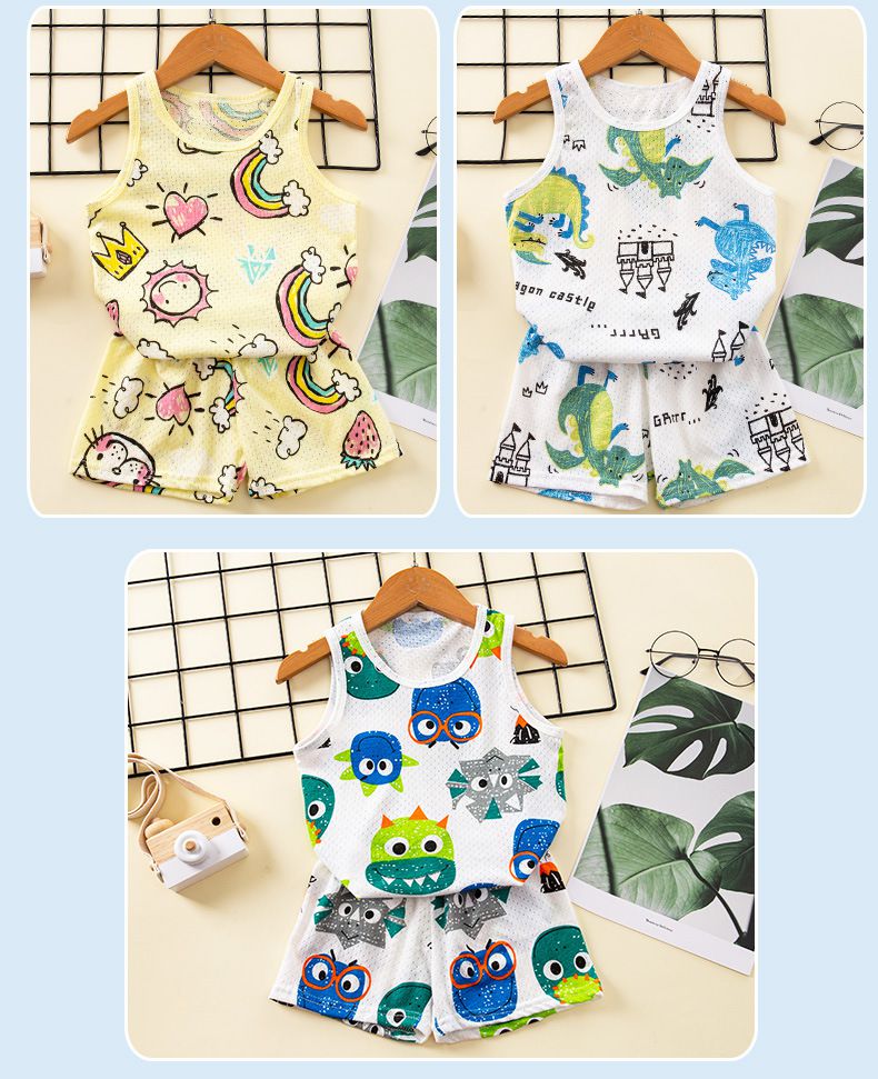 卡通網眼洞洞無袖家居服套裝/空調服-貓咪-粉色