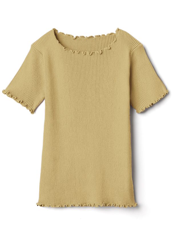 日本 GRL - 圓領木耳捲邊合身短袖上衣-煙燻粉