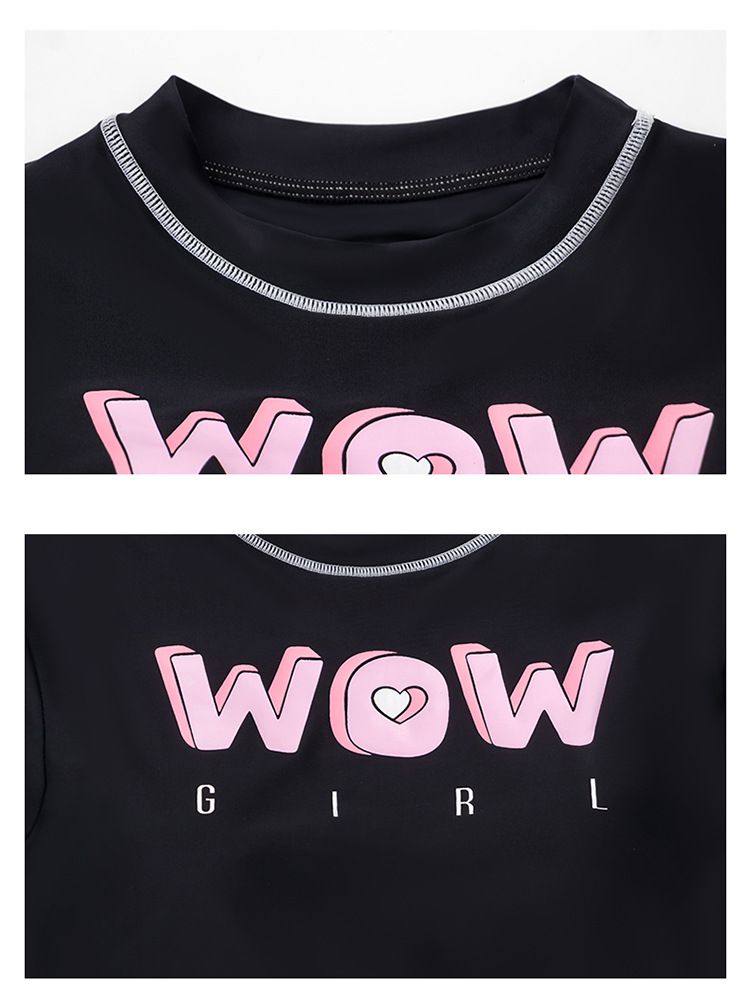 大童女孩運動風短袖泳衣套裝 (二件組)-WOW-黑色-上衣+褲裙