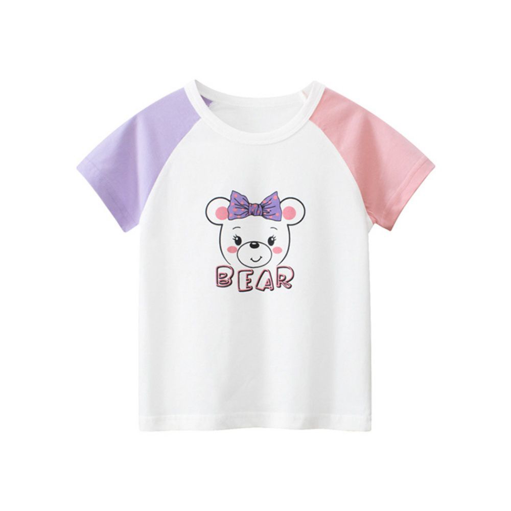 純棉短袖上衣-拼色公主熊熊-粉+白+紫