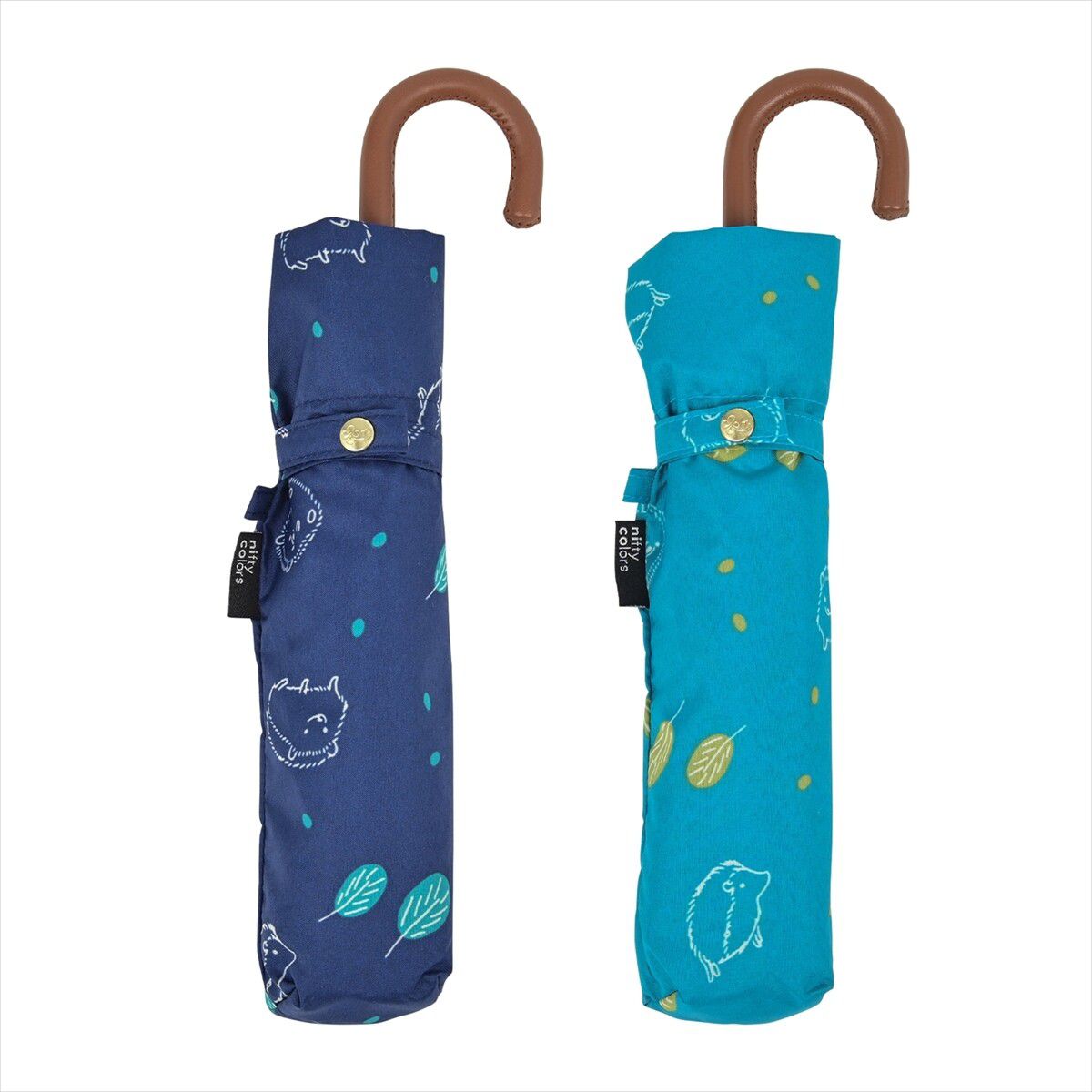 日本 nifty colors - 抗UV輕量 晴雨兩用折疊傘-刺蝟小森林-藍綠 (直徑90cm/168g)-80.00%