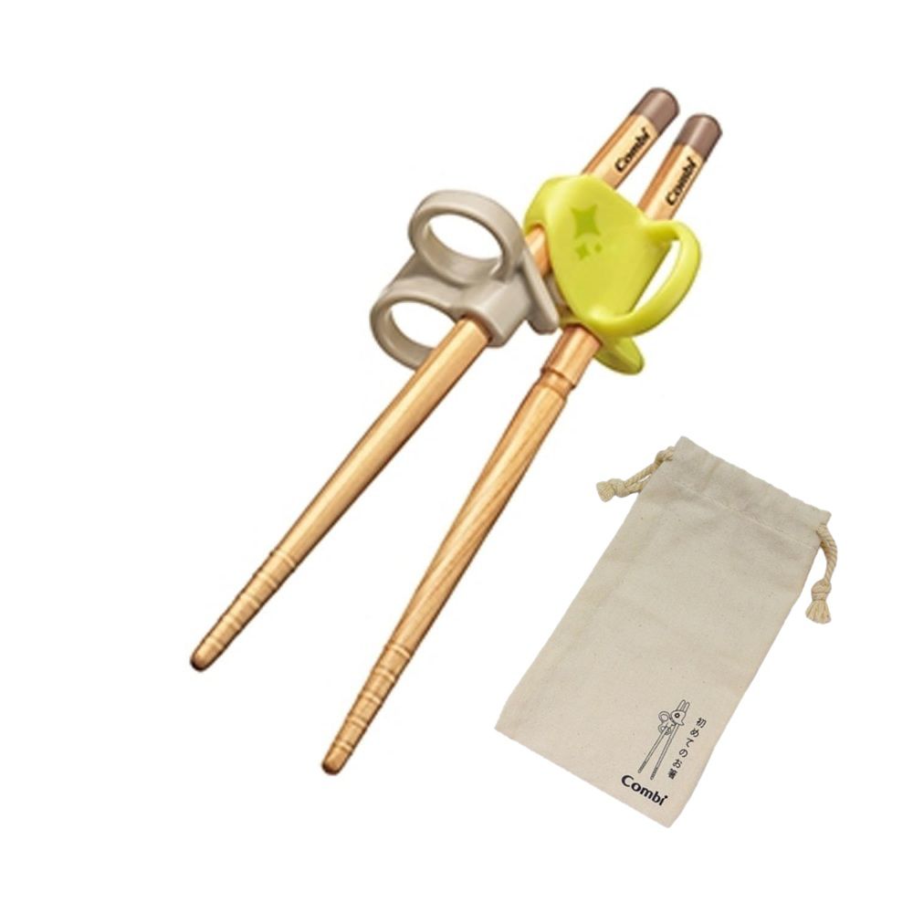 日本 Combi - 木製三階段彈力學習筷-右手-萊姆綠-日本製+贈學習筷環保收納袋