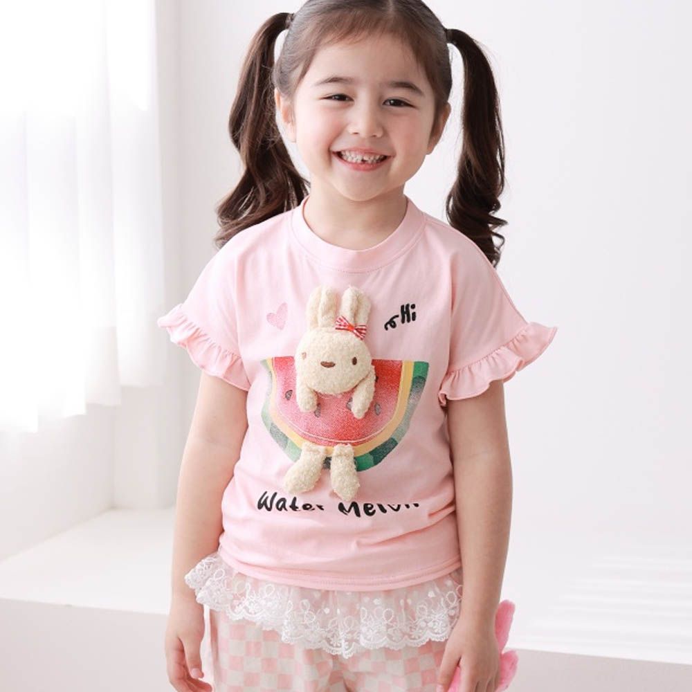 立體西瓜兔荷葉短袖上衣-粉