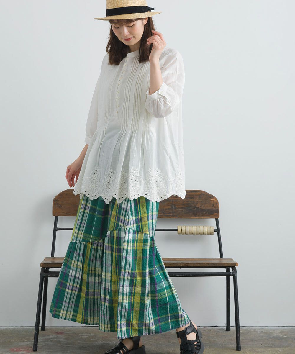 日本女裝代購 - 100%印度棉 超透氣飄逸長裙-大格紋-淺米杏