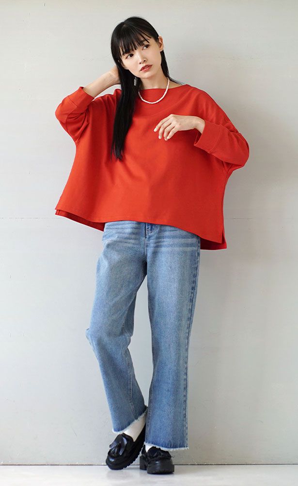 日本 zootie - 抗油污 寬鬆船型領長袖上衣-紅