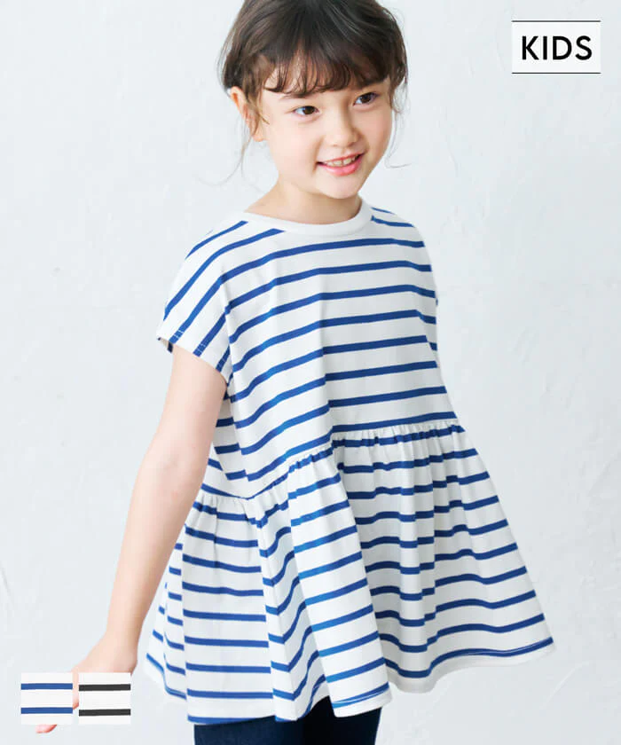 日本 COCA - 橫條紋簡約休閒短袖上衣-孩子-藍