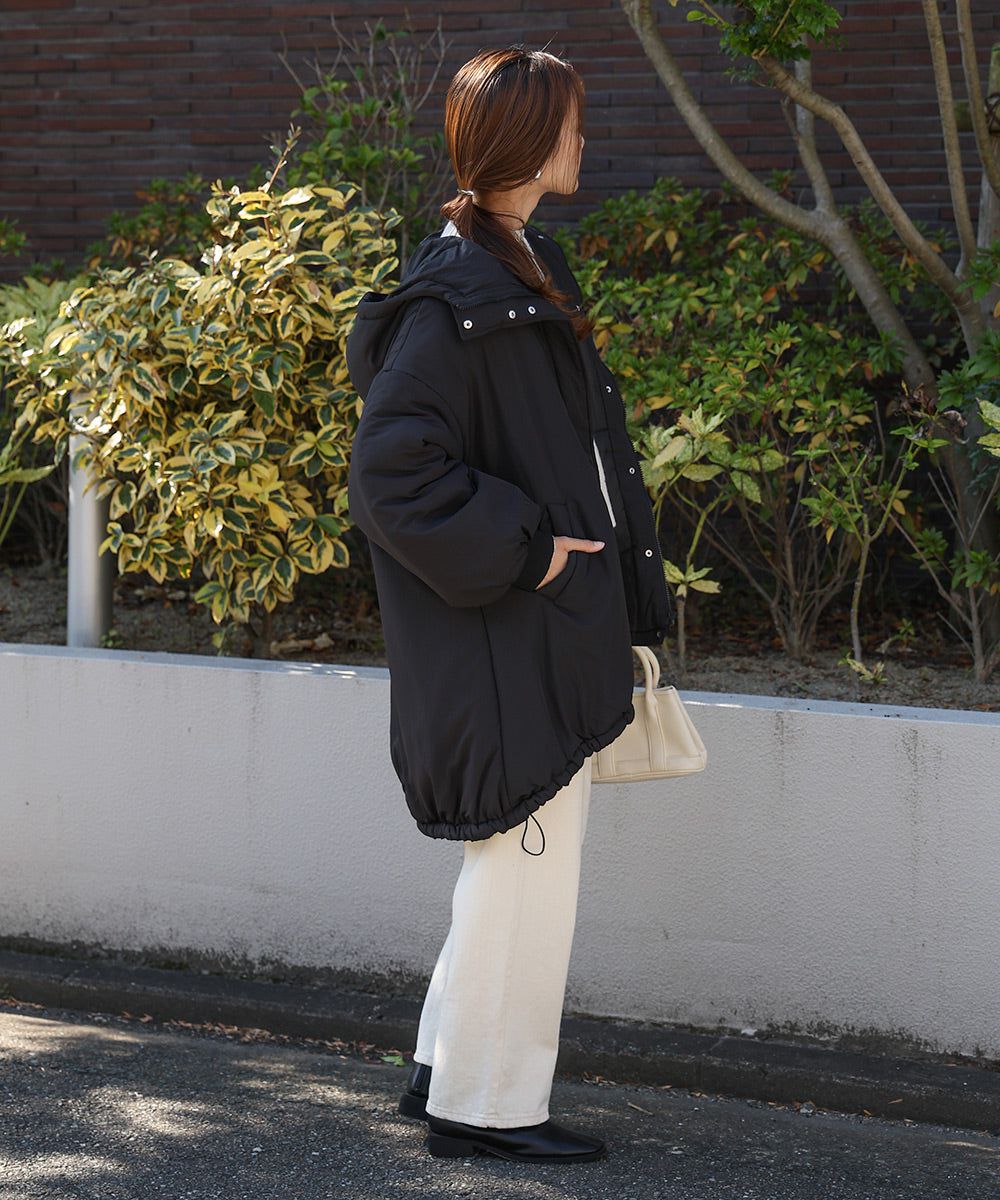 日本 Bab - 時尚大廓形抽繩連帽鋪棉外套-灰