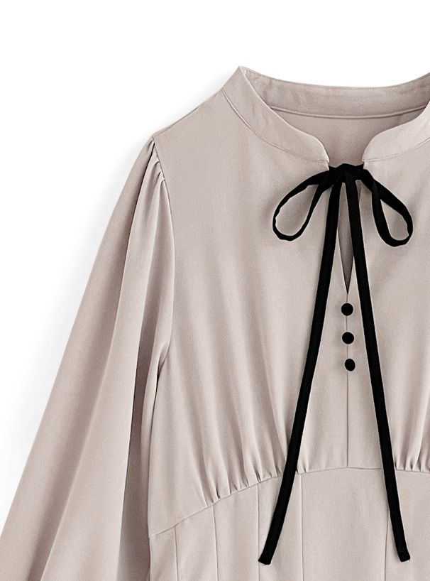 日本 GRL - 黑色下午茶紐結收腰洋裝-香檳粉