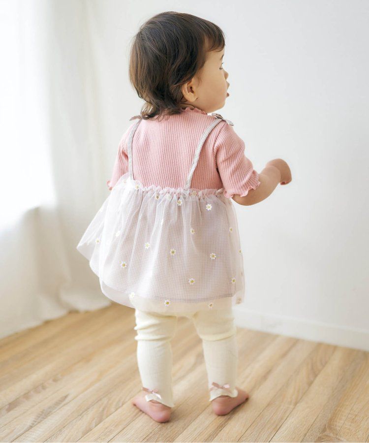 日本 apres les cours - 花朵刺繡拼接夢幻短袖上衣-卡其x粉紅