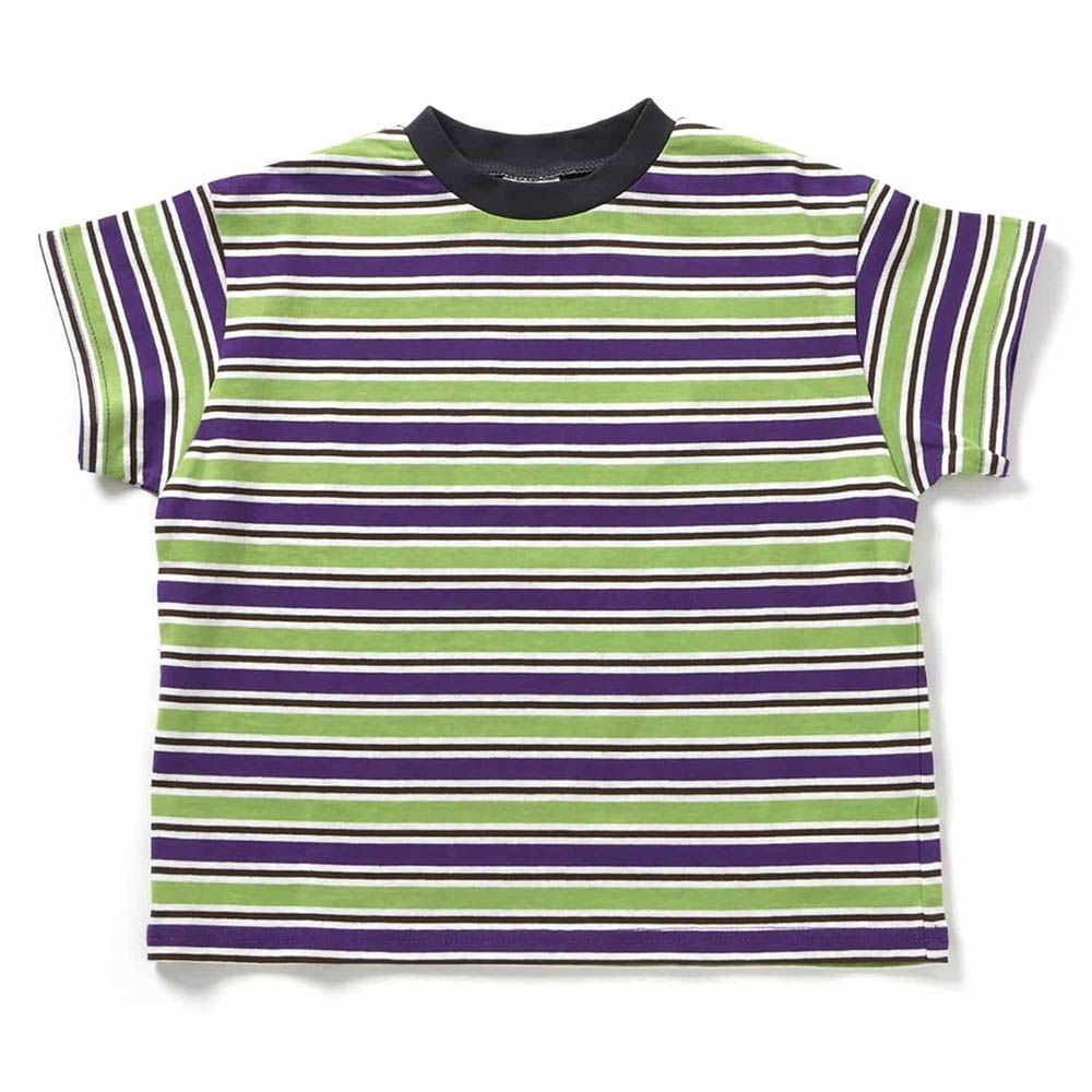 100%棉 百搭條紋落肩短袖上衣-萊姆綠X藍紫