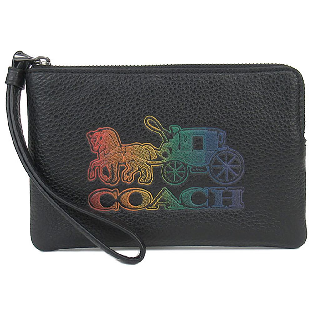 COACH - 馬車LOGO皮革拉鍊手拿包 (黑)