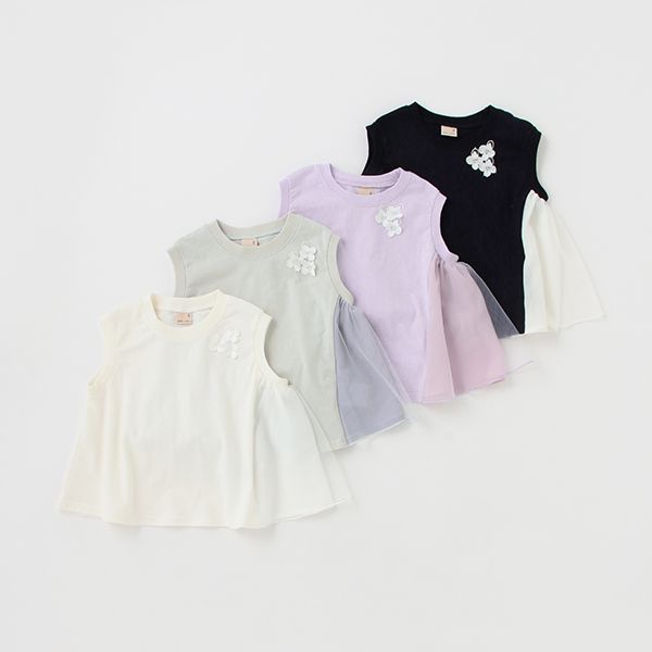 日本 petit main - 小花薄紗拼接A line無袖上衣-淺綠