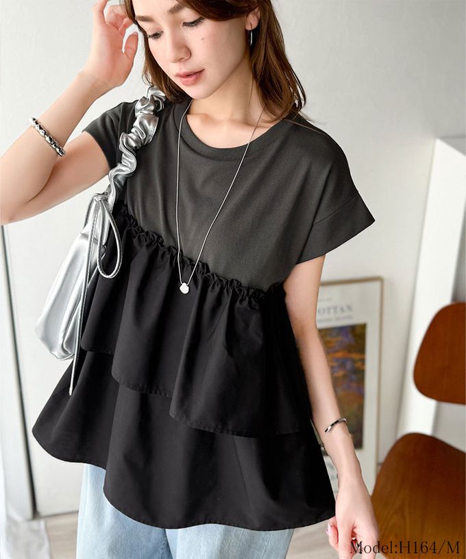 日本 Classical Elf - 浪漫不對稱拼接荷葉短袖上衣-炭灰
