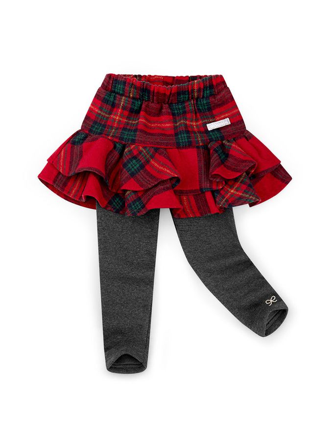 韓國 Jelispoon - 鬆緊腰雙色格紋層次內搭褲裙(內刷毛)-黑