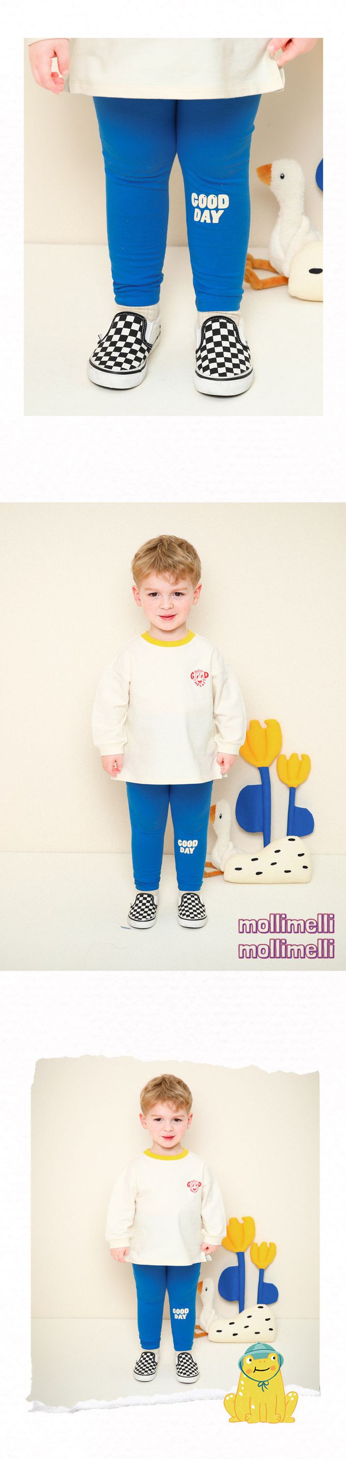 韓國 mollimelli - GOOD DAY文字印長袖套裝-米X寶藍