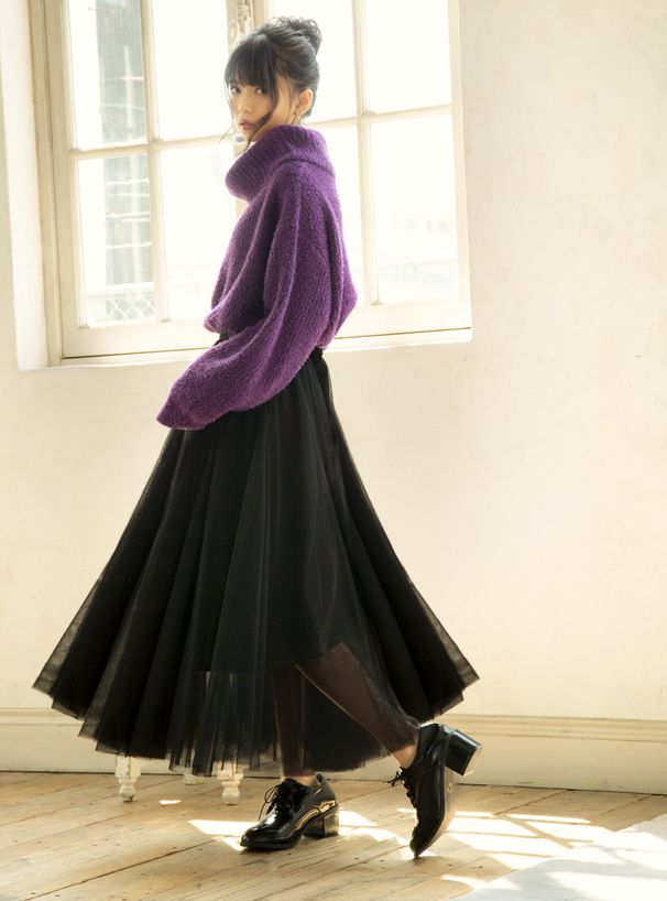 日本 GRL - 飄逸顯瘦雙層傘紗裙-灰摩卡 (M)