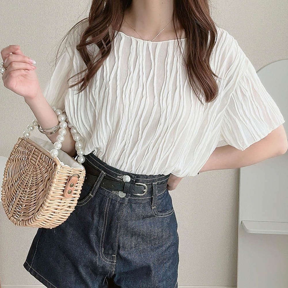 波浪紋理微透膚五分袖上衣-白 (F)