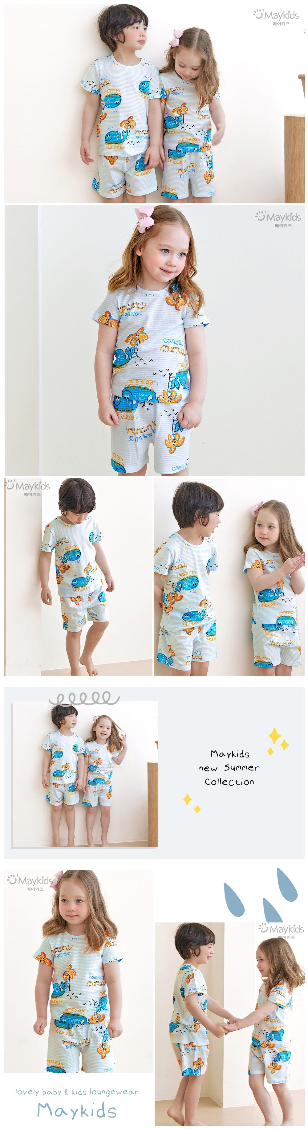 韓國 Maykids - 有機棉透氣輕薄短袖家居服-大海鯨魚