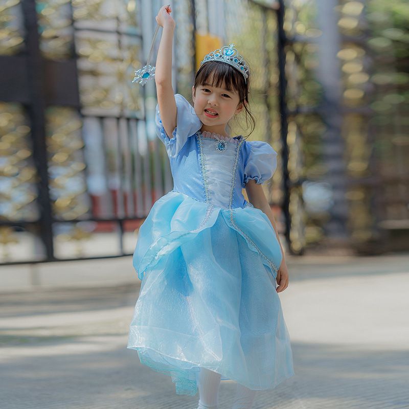 公主寶石裝飾網紗洋裝-藍色