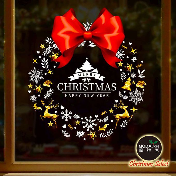 MODACore 摩達客 - 摩達客耶誕-5號紅色蝴蝶結麋鹿聖誕花圈-靜電玻璃貼