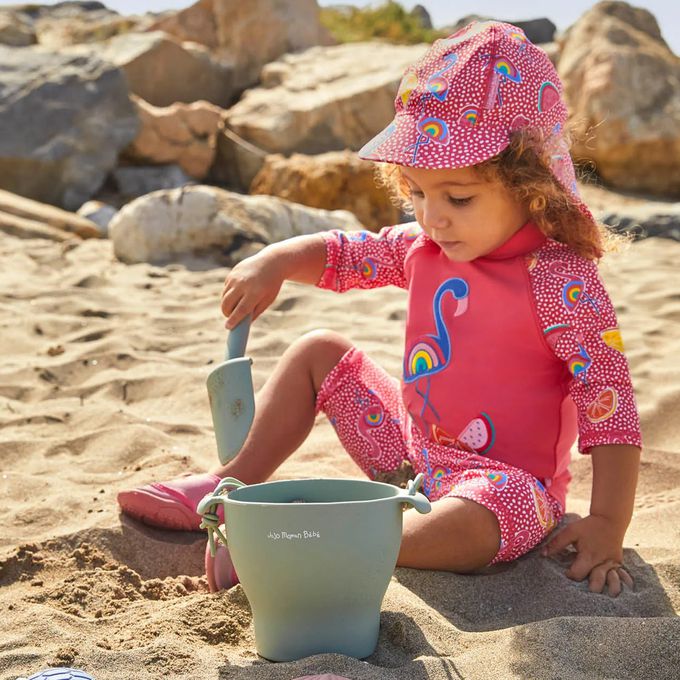 英國 JoJo Maman BeBe - 嬰幼兒/兒童泳裝戲水UPF50+防曬護頸遮陽帽-繽紛紅鶴