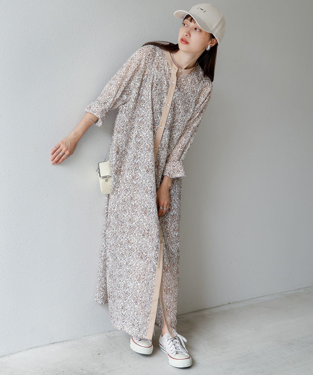 日本 Bab - 文藝浪漫碎花排扣洋裝-石英灰