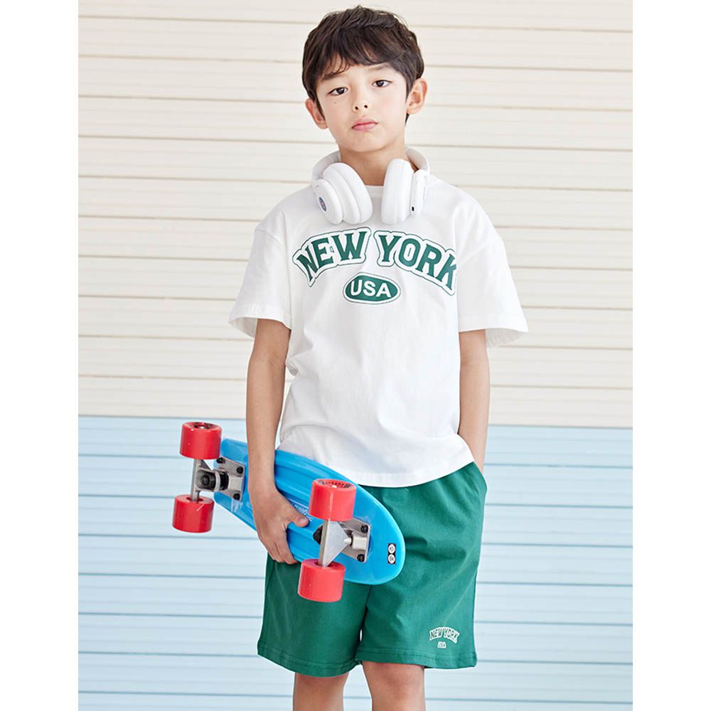 舒適純棉短袖套裝-紐約-白X森林綠