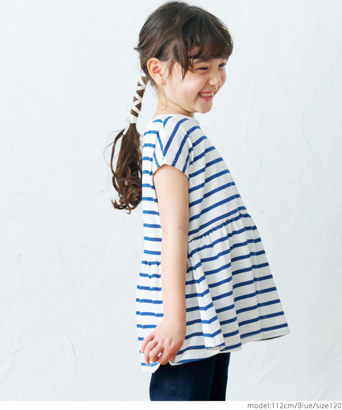 日本 COCA - 橫條紋簡約休閒短袖上衣-孩子-藍